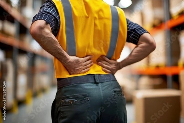Fototapeta A warehouse worker experiencing back discomfort holds his lower back, prominently showcasing safety vest and industrial environment, highlighting worker health concerns.