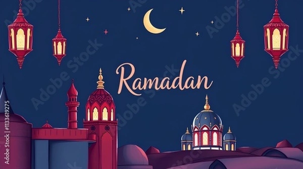 Obraz nighttime Ramadan scene with crescent moon and glowing lanterns