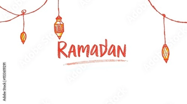 Obraz handwritten Ramadan text with a glowing lantern on a plain background