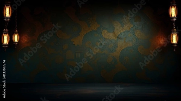 Fototapeta intricate floral arabesque pattern in golden hues on a dark background