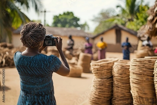 Fototapeta A woman photographs a village scene with woven baskets while others stand in the background, suggesting culture, tradition, and storytelling in daily life.