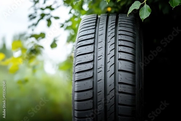 Fototapeta A tire is balanced in a setting rich with green foliage, suggesting a connection between technology and nature, focusing on sustainability and environmental consciousness.