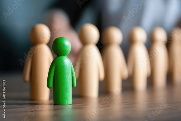 Fototapeta An individual green figure leads a sequence of wooden figures, embodying concepts of leadership, guidance, and standing out within a group of similar entities.