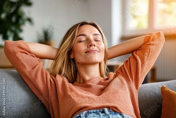 Fototapeta A content woman leans back and enjoys a calm and restful moment at home, embodying relaxation, tranquility, and a peaceful lifestyle environment.