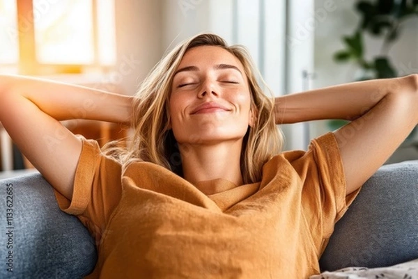 Fototapeta A serene and relaxed woman enjoying a quiet moment, leaning back on a couch, portraying comfort, peace, and contentment in a domestic setting.