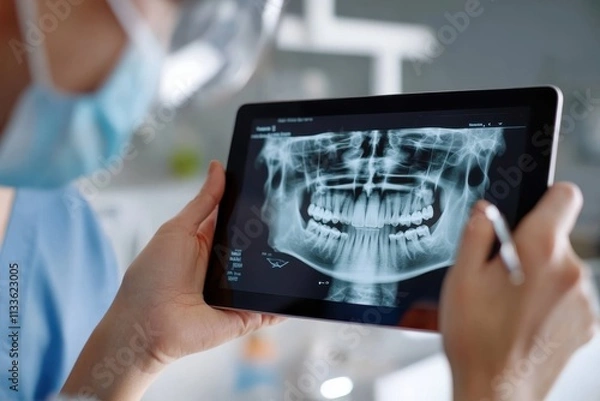 Fototapeta A dental professional observes an X-ray image on a tablet screen, emphasizing contemporary digital technology's impact on improving patient diagnostics and service.