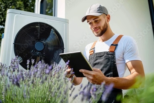 Fototapeta A technician wearing a cap and overalls uses a digital tablet while inspecting an outdoor air conditioning unit. Lavender flowers are visible in the foreground.