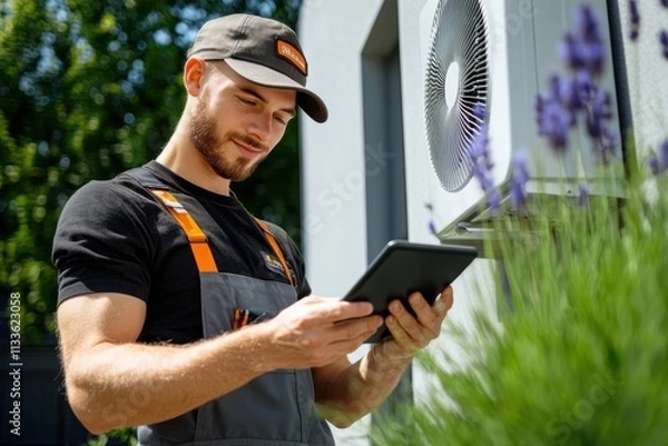 Fototapeta An engineer in uniform, using a digital tablet, carefully examines an outdoor air conditioning system, surrounded by blooming flowers and nature.