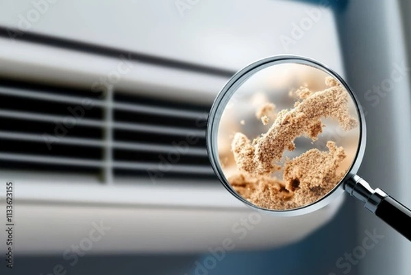 Fototapeta Capture of dust particles in the air shown through magnification near an air conditioner, stressing the significance of regular air filter maintenance for better air quality.