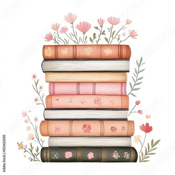 Fototapeta A whimsical stack of vintage books surrounded by colorful flowers.