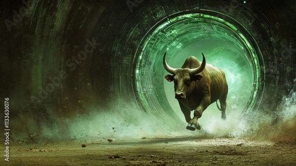 Fototapeta A strong bull emerges from a vibrant green portal in the midst of a futuristic desert. The combination of natural power and surreal technology creates a striking contrast of strength and otherworldly