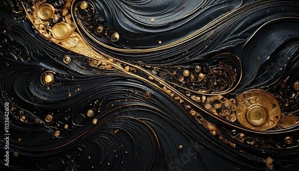 Fototapeta Elegant, swirling black patterns, intricate curves, gold accents, glimmering highlights, radiant hues, mysterious allure, fluid movement, dynamic design, captivating elegance, rich textures, sophistic