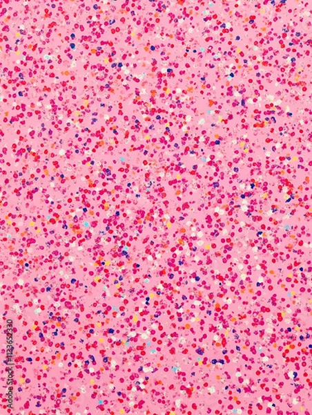 Fototapeta A vibrant pink background sprinkled with colorful confetti-like dots.