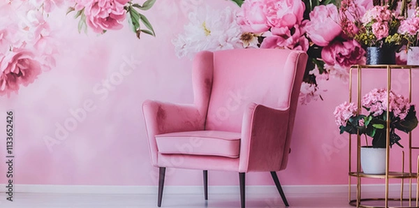 Fototapeta A stylish pink chair against a floral wall, creating a chic and inviting atmosphere.