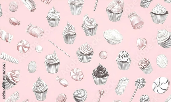 Fototapeta A whimsical assortment of cupcakes and sweets on a pink background.