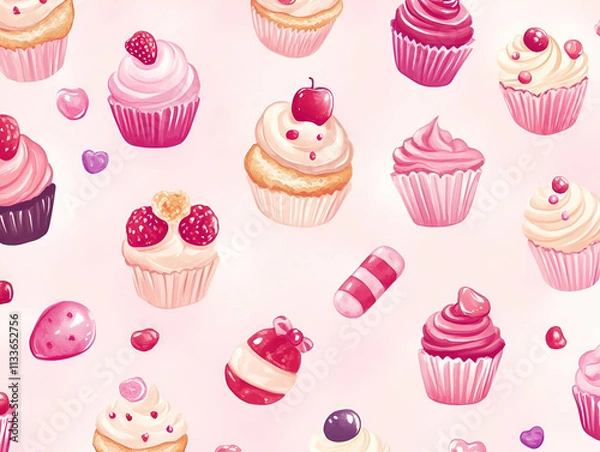 Fototapeta A colorful pattern featuring various cupcakes and candies on a pink background.