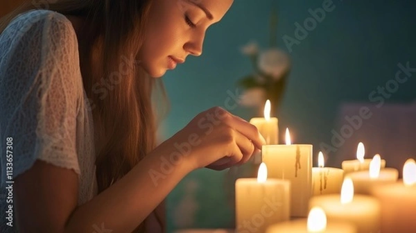 Fototapeta Serene Woman Lighting Candles to Honor Memories in a Soft Ambiance