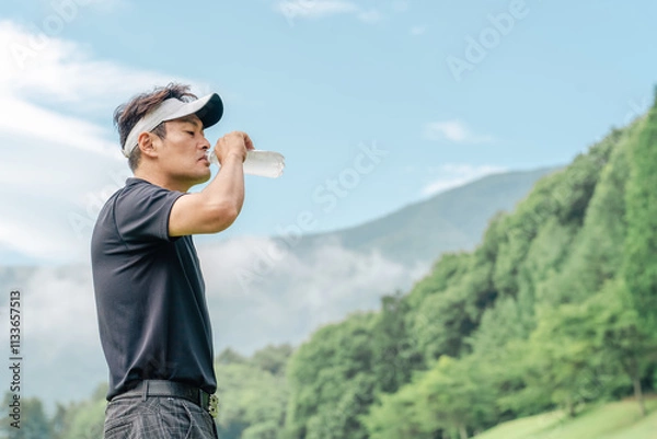 Fototapeta ゴルフラウンド中に水を飲むゴルファーの男性
