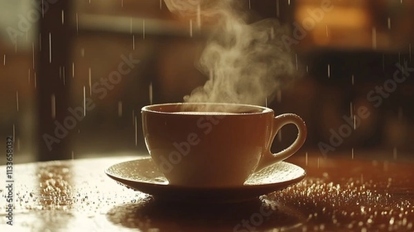 Fototapeta Steaming hot drink in white cup on rainy day.