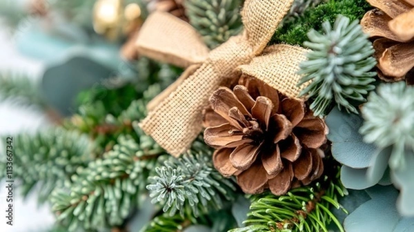Fototapeta Close-up of a rustic Christmas wreath with pine cones, burlap bow, and eucalyptus.