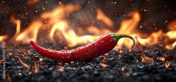 Obraz A vibrant red chili pepper sits on a dark surface with flames in the background.