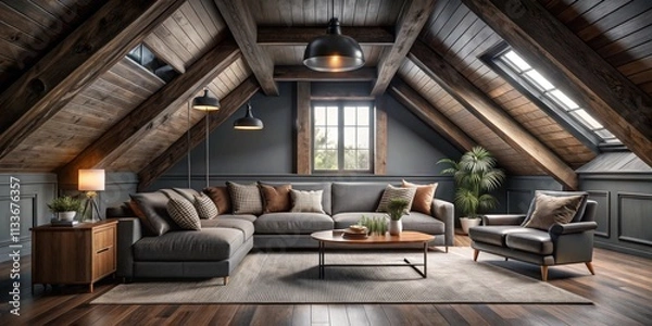 Obraz Moody shot of a gray attic living room with a dark wood ceiling and plush furniture