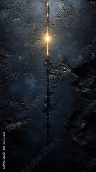 Fototapeta A glowing vertical beam emerges from a dark, rocky background, suggesting mystery or discovery.