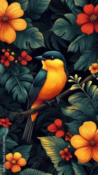 Fototapeta A vibrant illustration featuring a colorful bird amidst tropical flowers and lush foliage.