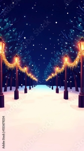 Fototapeta A serene winter pathway lined with glowing lanterns, surrounded by snow-covered trees, creating a magical atmosphere in a nighttime setting.