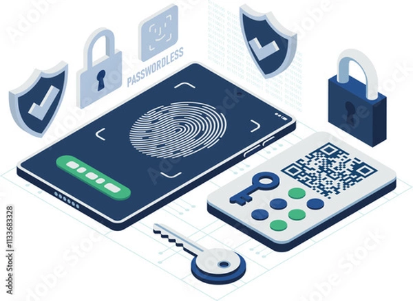 Fototapeta Isometric Passwordless Authentication with Biometric Security