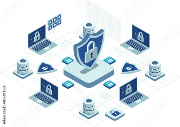 Fototapeta Isometric Cybersecurity and  Zero Trust Security Network