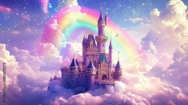 Fototapeta Enchanted castle floating among the clouds.