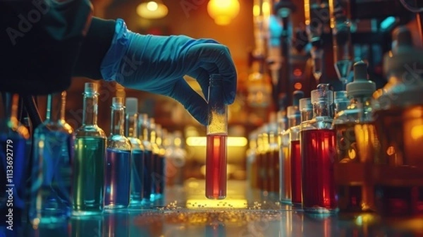 Fototapeta Gloved hand holds test tube with colorful liquid samples in a lab.