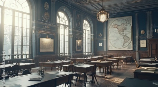Fototapeta Sunlit grand hall with antique desks, map, and large windows.
