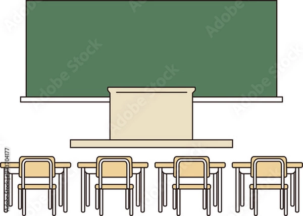 Obraz 黒板、教壇、机、椅子、後方から見た教室のベクターイラスト