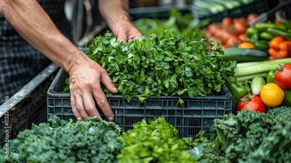 Fototapeta Hands arranging fresh parsley in a crate at a farmer's market, surrounded by various vegetables.