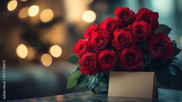 Fototapeta A vibrant bouquet of red roses with blank card on table, romantic ambiance