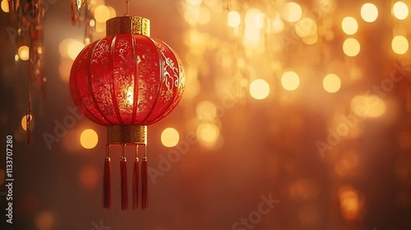 Fototapeta A glowing red lantern against a warm, bokeh background, symbolizing celebration.