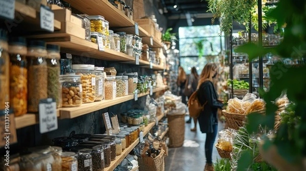 Fototapeta Eco-Friendly Shopping Experience: Customers exploring Sustainable Store Aisle with Reusable and Plastic-free Products