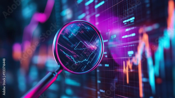 Fototapeta Data analysis, search engine optimization or SEO. magnifier, charts, graphs. ultraviolet and neon screen