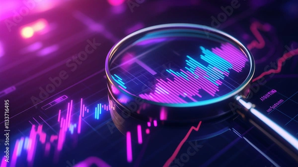 Fototapeta Data analysis, search engine optimization or SEO. magnifier, charts, graphs. ultraviolet and neon screen