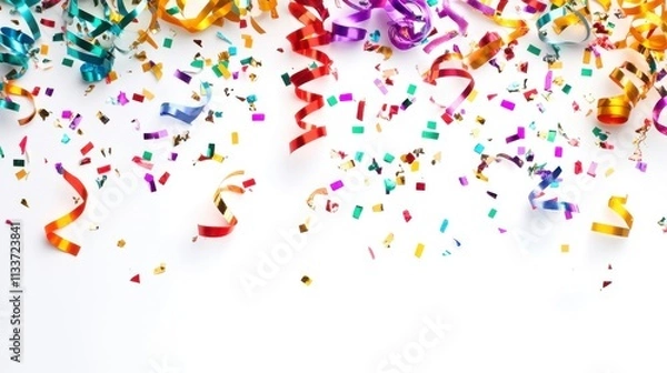 Fototapeta Colorful confetti and streamers scattered on a white surface creating a festive atmosphere for celebrations and parties.