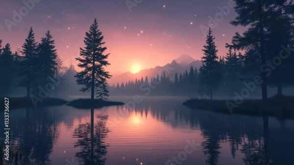 Fototapeta Sunset over Misty Lake and Mountains