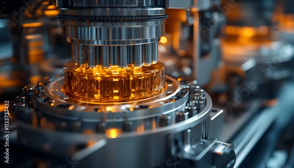 Fototapeta Close-up of a metallic machine component with glowing amber liquid, showcasing industrial technology.