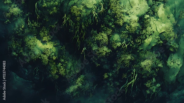 Fototapeta Closeup top view of a mossy forest floor, emphasizing the rich green textures and patterns of moss, perfect for naturethemed visuals. Thicket. Illustration