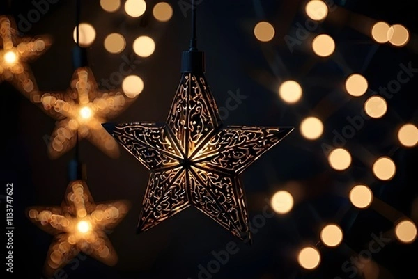 Fototapeta Decorative star shaped lights glowing in the dark, creating a festive atmosphere
