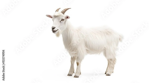 Fototapeta 31. A white pygmy goat standing in a playful pose on a white background