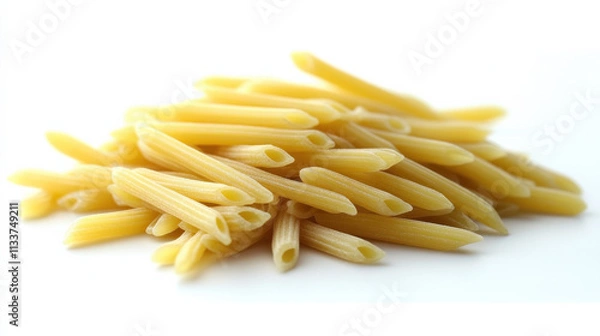 Fototapeta Penne rigate uncooked Italian pasta isolated on white background, showcasing its unique shape and texture, perfect for various delicious recipes