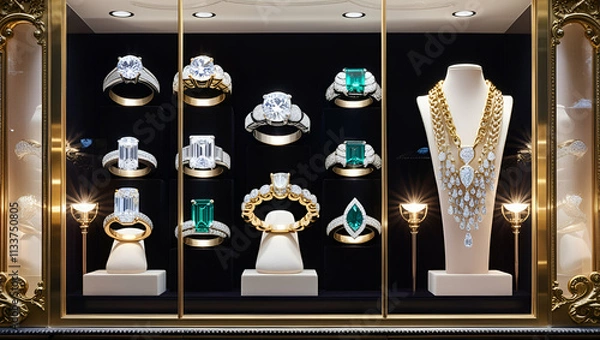 Obraz Jewelry diamond rings and necklaces show in luxury retail store window display, Generative AI