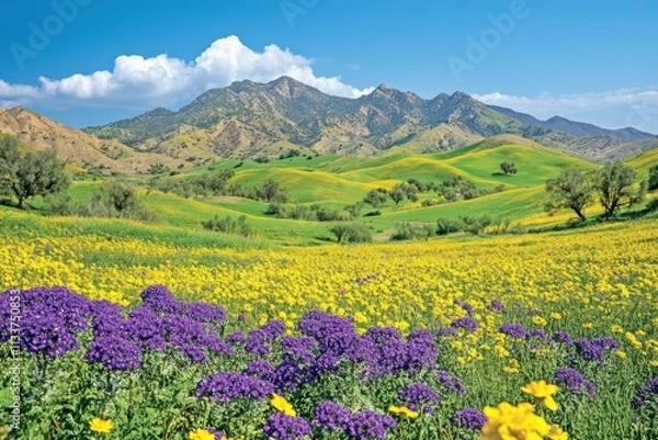 Fototapeta Spring Wildflowers and Mountains